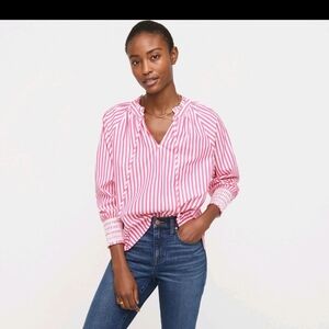 J CREW Smocked-cuff popover top in stripe 100% cotton WHITE FUCHSIA